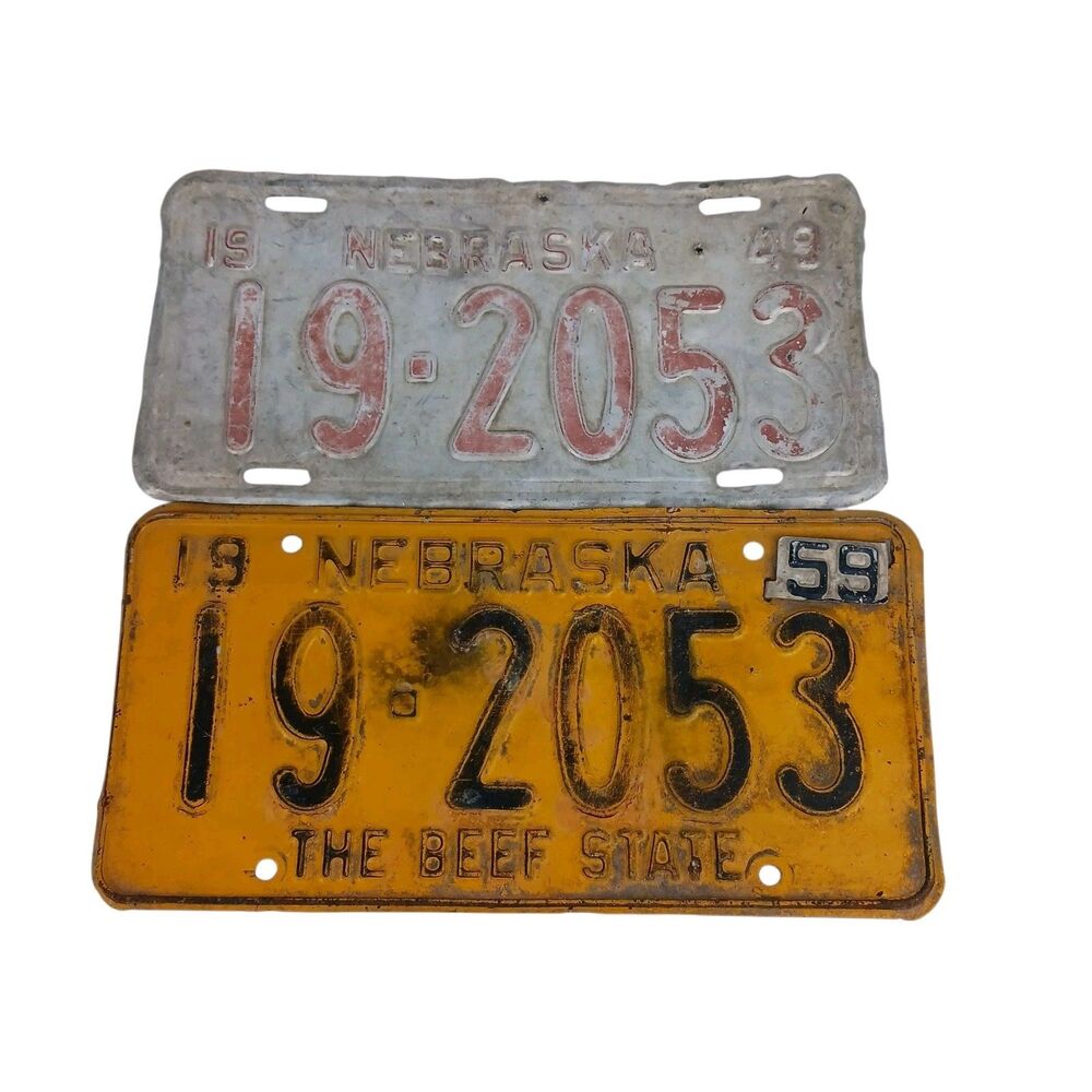 Vtg Nebraska 1949 & 1959 Matching Set Auto License Plate Man Cave Garage 19-2053